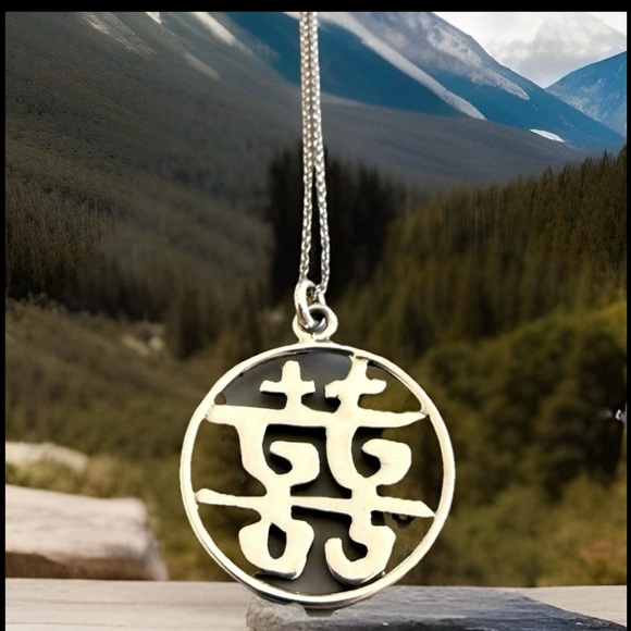 Sterling Silver Chinese Symbol Pendant Necklace 925 - Picture 1 of 5